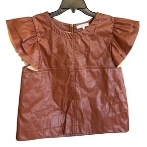Ces Femme Faux Leather Top Brown Ruffle Sleeve Zip Back Edgy Moto Womens Large